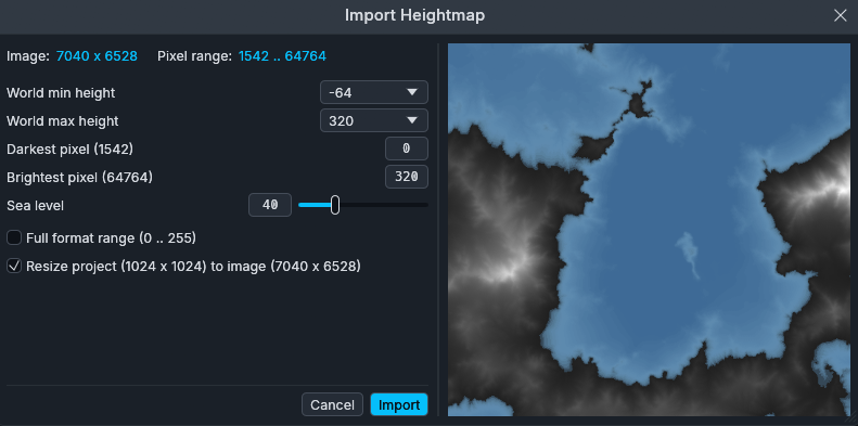 La ventana de importación de heightmap, con una vista previa de las alturas y del mar