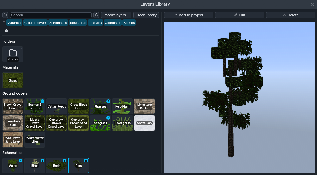 La biblioteca de layers: los layers ordenados por categoría y la vista previa 3D del seleccionado