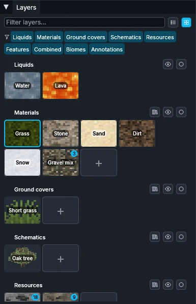 El panel Layers en vista cuadrícula, con las etiquetas de categoría arriba