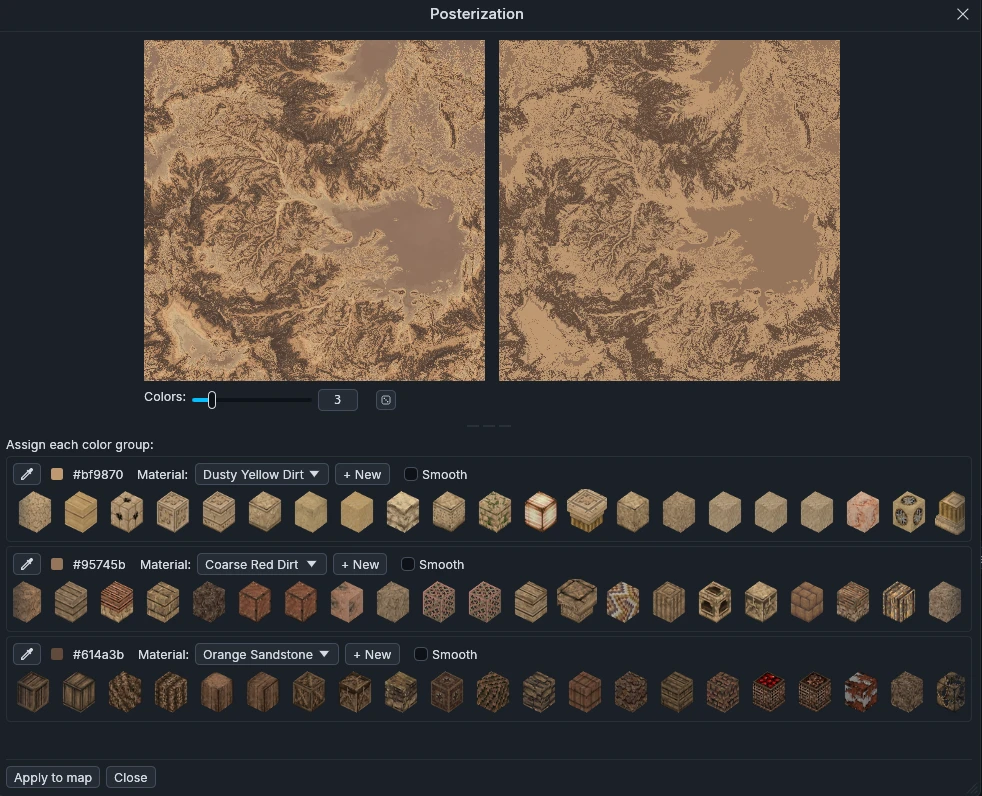 La fenêtre de posterisation : l'image, ses couleurs réduites et un matériau pour chaque couleur