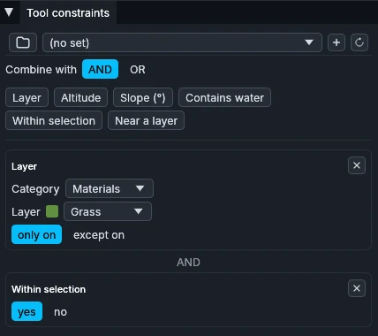 Two constraints combined with AND: grass only, inside the selection