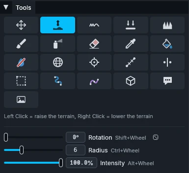 The Tools panel with the Raise / Lower tool selected and its settings